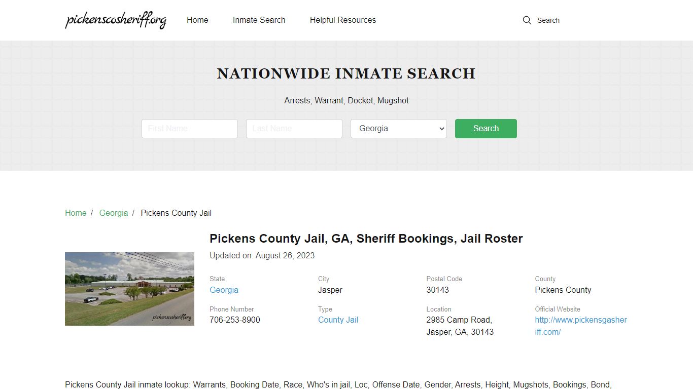 Pickens County Jail, GA, Sheriff Bookings, Jail Roster